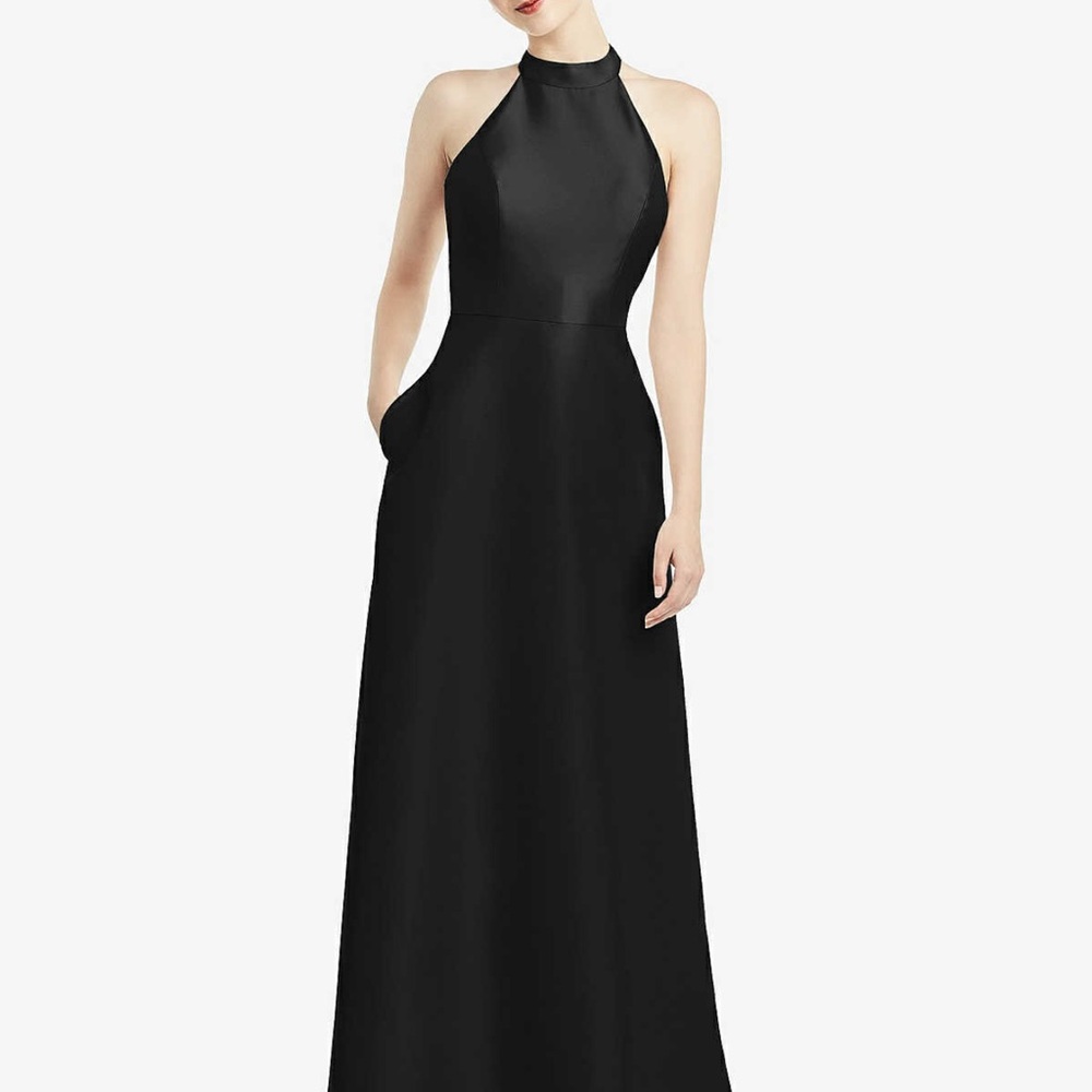 ALFRED SUNG High-Neck Cutout Satin Dress with Pockets in Black